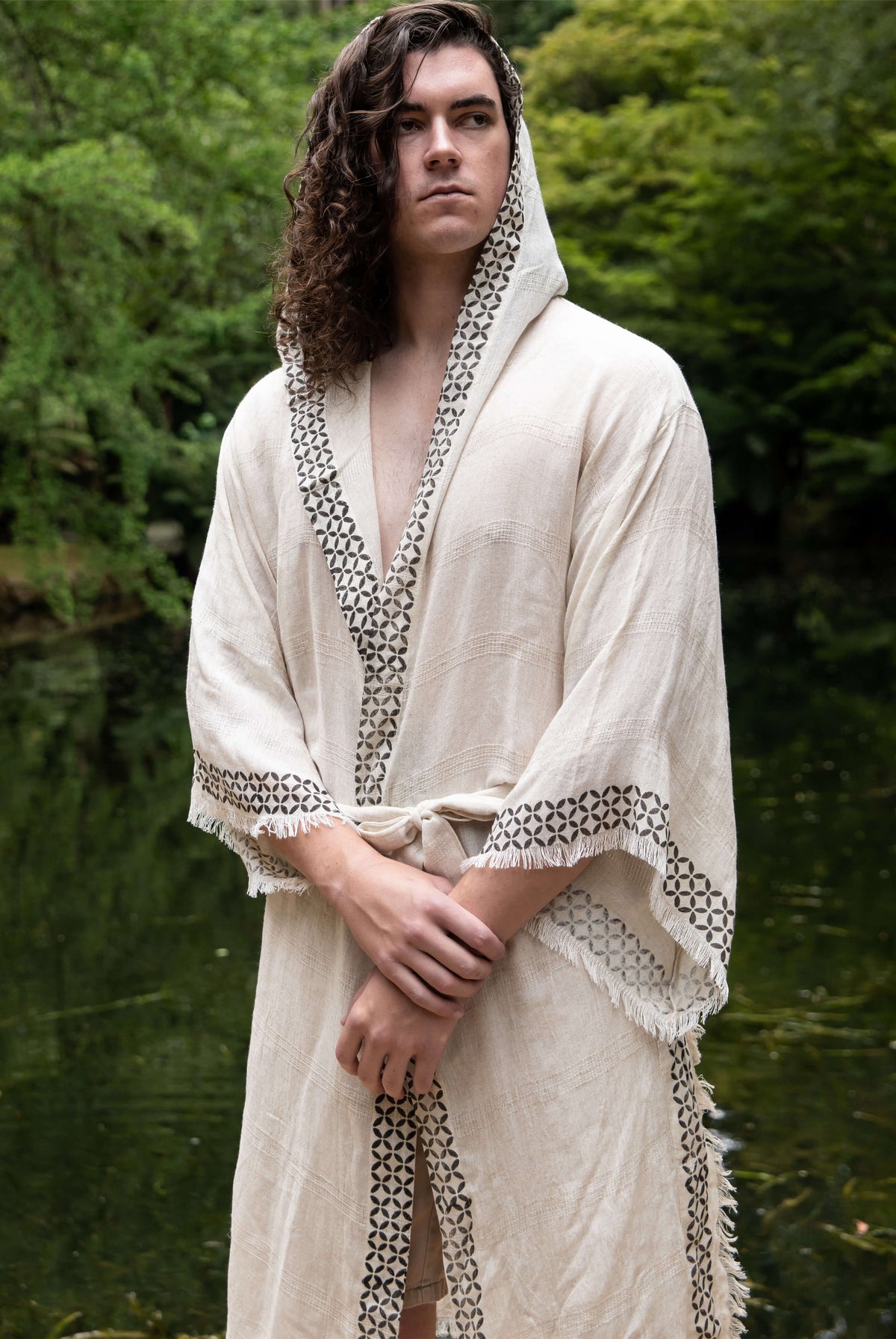 washed linen robe block printed linen dressing gown