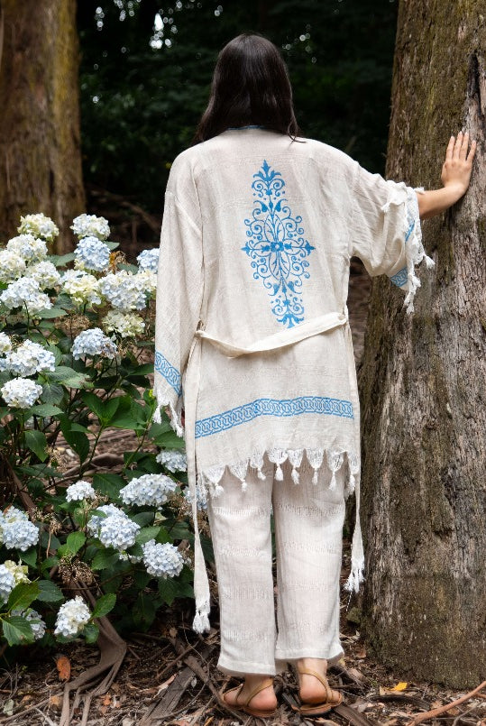 washed linen printed robe linen dressing gown blue printed