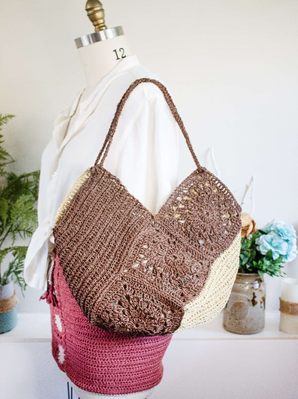 hand-crocheted bag shoulder bag large crochet bag brown cream bag