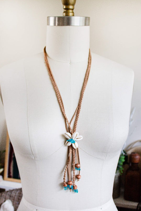 genuine seashell necklace suede wood glass beads handmade