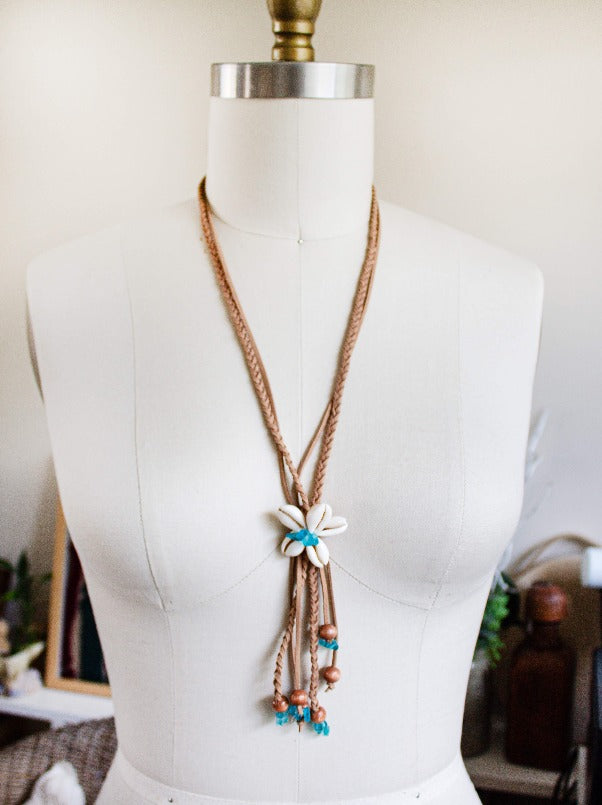 genuine seashell necklace suede wood glass beads handmade