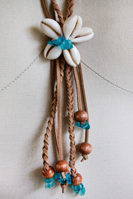genuine seashell necklace suede wood glass beads handmade
