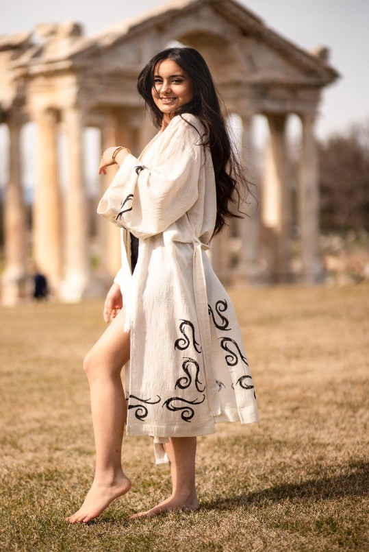 washed linen robe woodblock printed turkish robe