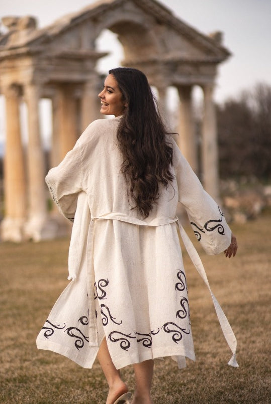 washed linen robe kimono turkish woodblock print linen robe