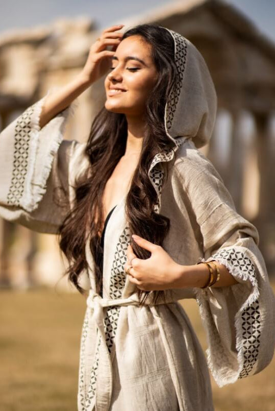 hooded linen robe turkish woodblock print linen robe linen kimono