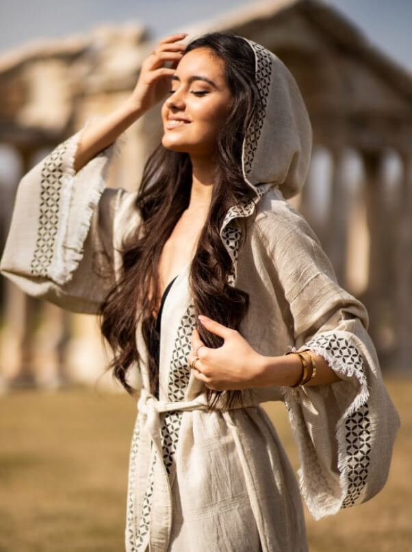 hooded linen robe turkish woodblock print linen robe linen kimono