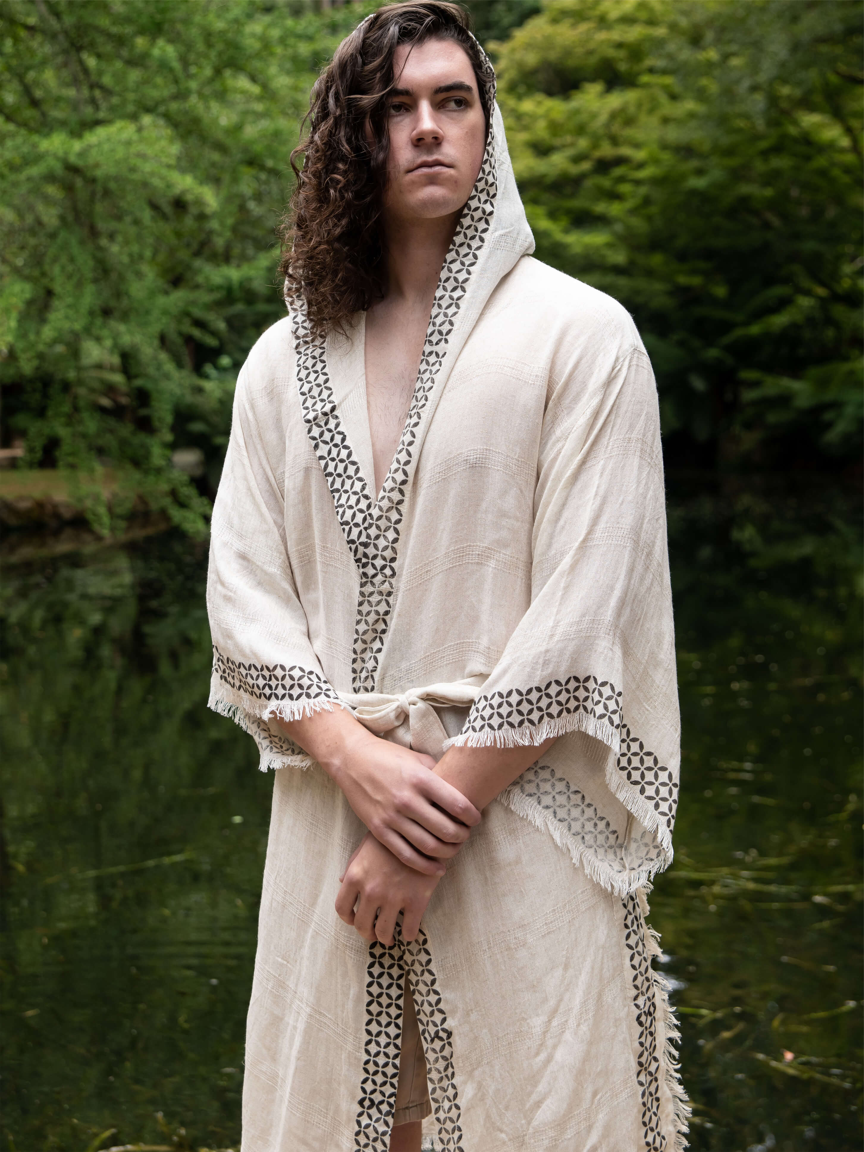 washed linen robe  block printed linen dressing gown