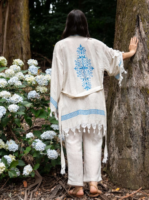 washed linen printed robe linen dressing gown blue printed
