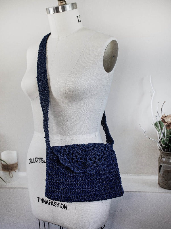 hand-crochet bag navy shoulder bag navy cross body bag navy straw bag
