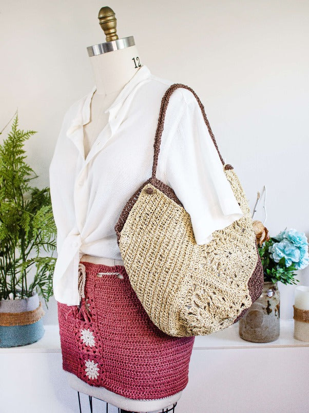 hand-crocheted bag shoulder bag large crochet bag brown cream bag